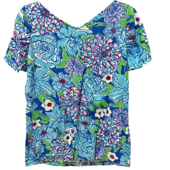 Lilly Pulitzer XL Floral V-Neck Top Leila May Floral 100% Cotton Blue/Green Shor - Picture 3 of 4